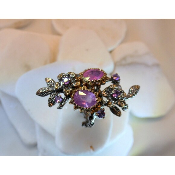 Natural Pink Tourmaline Amethyst Oxidized Sterling Silver Ring Vine Botanical - Picture 4 of 8